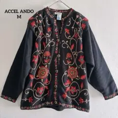 ACCEL ANDO 刺繍デザイン ノーカラー カーディガン ニット 黒 赤