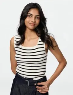 GU リブニットボーダースクエアネックタンクトップ