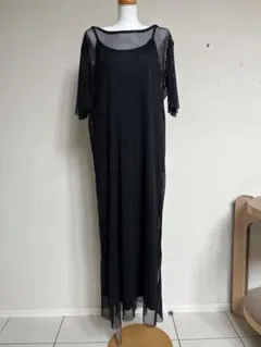 黒メッシュロングワンピース半袖Adoon plain Ladies黒 ドレス