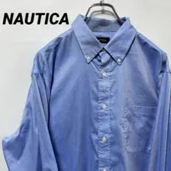T-237 NAUTICA 長袖シャツ ボタンダウン 刺繍ロゴ L 青USA古着