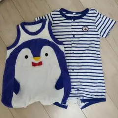 美品　80cm　タオル素材　半袖ロンパース　２枚セット　ボーダー　　ペンギン