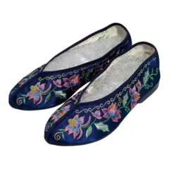新品 刺繍 チャイナ フラットシューズ 花柄 ネイビー 25