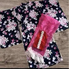 【匿名配送】マザウェイズ　浴衣110ピンク帯付 ネイビー　花柄　お祭り　花火大会のサムネイル