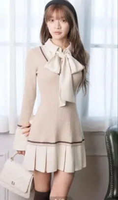 【LIP SERVICE】 シャツドッキングプリーツワンピース （ベージュ）