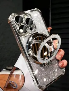 シルバー グリッター iPhoneケース リングスタンド付き