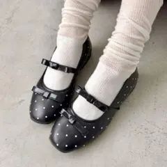 SOLLON ダブルリボンドットパンプス ブラック