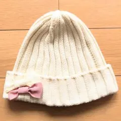 GU ベビー キッズ 女の子 ニット帽子 アイボリー リボン付き 約48cmのサムネイル