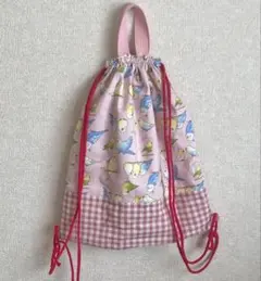 【大きめ】体操服袋　ナップザック　インコ柄お着替え袋　約40cm x 35cm