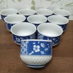 青い花柄 陶器 湯飲み 10個セット