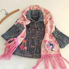 子供用 ミニーちゃん 大きめワッペン お花とハート柄マフラー ピンク ディズニー