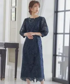 刺繍レースバックリボンタイトドレス 同窓会二次会ドレス　ネイビーのサムネイル