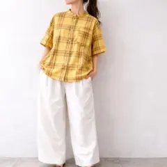 Linenya】 バンドカラー 前開きシャツ イエロー チェック 日本製 F 