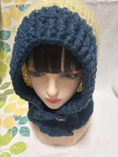 バラクラバ グリーン 手編み フード付きネックウォーマー 男女兼用 no