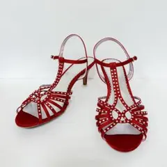 《MICHEL KLEIN》ラインストーン装飾 サテンストラップパンプス レッドのサムネイル