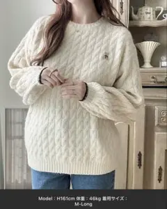 新品　くまさん刺繍　ケーブル編みニット　柔らか素材　クルーネック　ロング丈