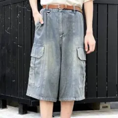 【ワイドデニム ショートパンツ】