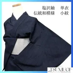小紋　塩沢紬　藍染　単衣　麻の葉　菱模様　波模様　着物　094b p