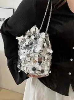 シルバースパンコール　キラキラバッグ　シルバー　チェーンショルダーハンドバッグ