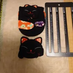 ちりめん黒猫デザイン 巾着袋&小銭入れセット