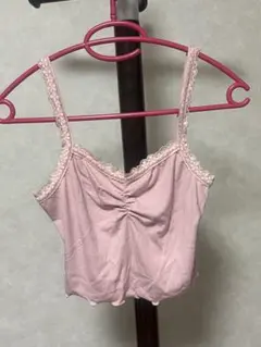 ピンク レース付きキャミソール クロップド丈 夏 リボン