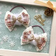 ハンドメイド　クリスマスチェックリボンヘアゴム⭐︎赤