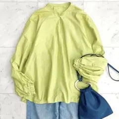 美品 ビューティアンドユース ブラウス コットン シルク ライムイエロー 黄緑