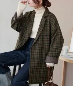 チェック柄 ダブルチェスターコート ブラウンのサムネイル