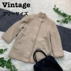 Vintage ノーカラージャケット フリーサイズ ベージュ レトロ