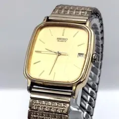 新品電池 SEIKO スクエア デイト ゴールド メンズ クォーツ 稼働品