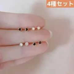 【4種セット】ピアス スクエア ラウンド ブラック ホワイト　ESN029