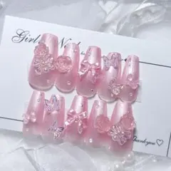Ｎｏ．現品 ネイルチップハンドメイド ピンク薔薇韓国リボン蝶々オーロラちゅるん