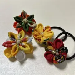 【No.10】つまみ細工の髪飾り＆ブローチとヘアゴムの4点セット