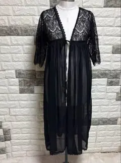 美品【イーハイフンワールドギャラリー】レースシフォンカーディガン 黒Fロング