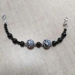 シルバーマグネット付きカニカン式羽織紐　黒　プラスチックビーズ