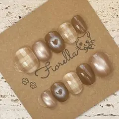 【No.120】ネイルチップ/チェック/ハート/マグネット/ブラウン/ベージュ