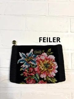 【美品】FEILER フェイラー 花柄 ポーチ ブラック シュニール織