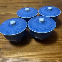 青色波模様陶器湯飲み4個セット