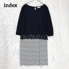 インデックス　ワンピース　ネイビー　M ミニ丈　ドッキング　ボーダー　レースのサムネイル