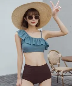 水着　ビキニ　水着レディース フリルワンショルダーハイウエストビキニ 2点セット