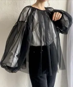 ボリュームスリーブ長袖フレアギャザーレイヤードチュールシアーブラウストップス