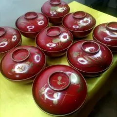 漆器　漆塗　木製　絵替わり　金蒔絵　蓋付碗　煮物椀　吸物椀　飯碗　9客セット　②