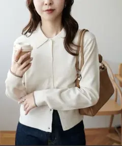 定価6600円 新品タグ付 モチモチ衿付きカーディガン アイボリー ディスコート