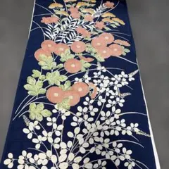 丹後ちりめん紺色 花柄 小紋 着物反物