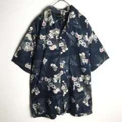 【半袖シャツ】総柄 花柄 和風 ウッドボタン オープンカラー 紺 メンズ 古着