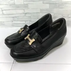 美品 ヒルズアベニュー レザーパンプス 22.5 ウェッジヒール 本革 黒