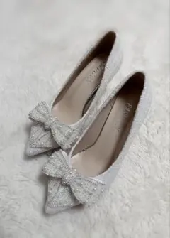リボン付きアイボリーパンプス ミュール