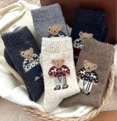 秋冬用　フリース　あったかミドル丈　くまちゃん柄　5足セット