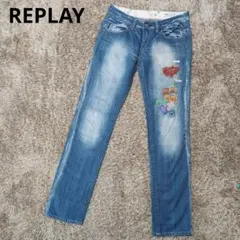 REPLAY リプレイ パッチワーク 刺繍付きスリムフィットデニム