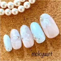 mokyuart17＊シフォンフラワー ネイルチップ 白花xピンクベージュ