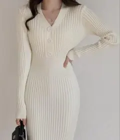 ワンピース ニット タイト Ｖネックニットプリーツワンピース